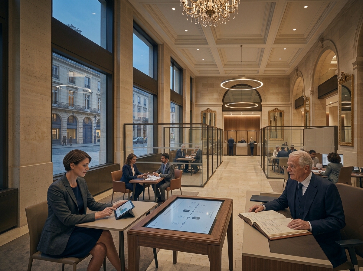 Architecture haussmannienne et intérieur bancaire contemporain